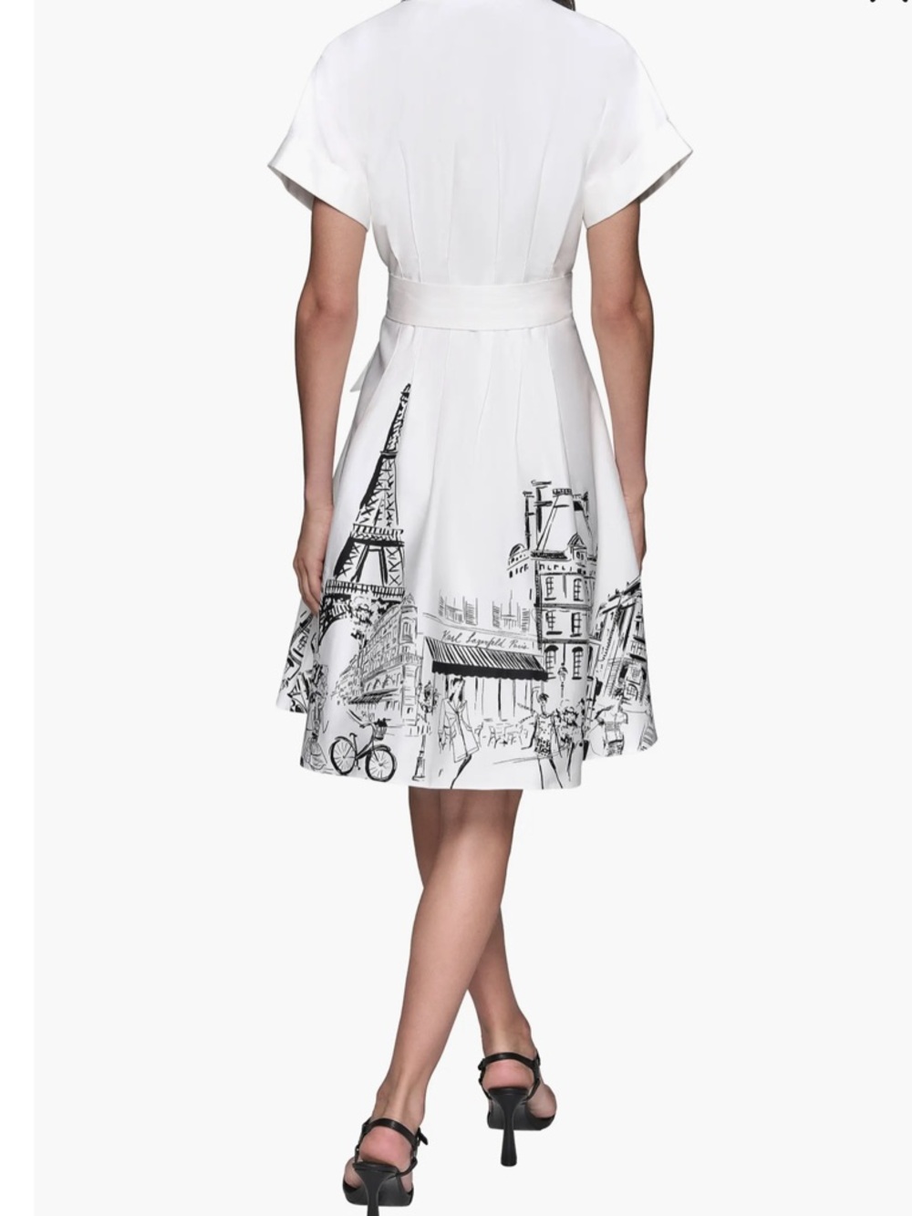 K678. NWT KARL LAGERFELD
 Shirtwaist Dress with Black Paris Sketch belted Cotto - Picture 4 of 5
